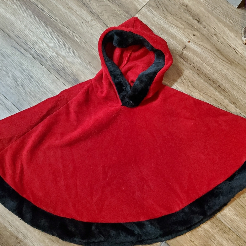 Girls Red with Black Fur Trim Poncho